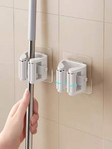 1pc No-Punch Wall-Mounted Mop Holder Hook, Strong Adsorption, Ideal For Kitchen, Bathroom, Balcony, Courtyard, Mop Storage, Tableware Storage - White - View 2