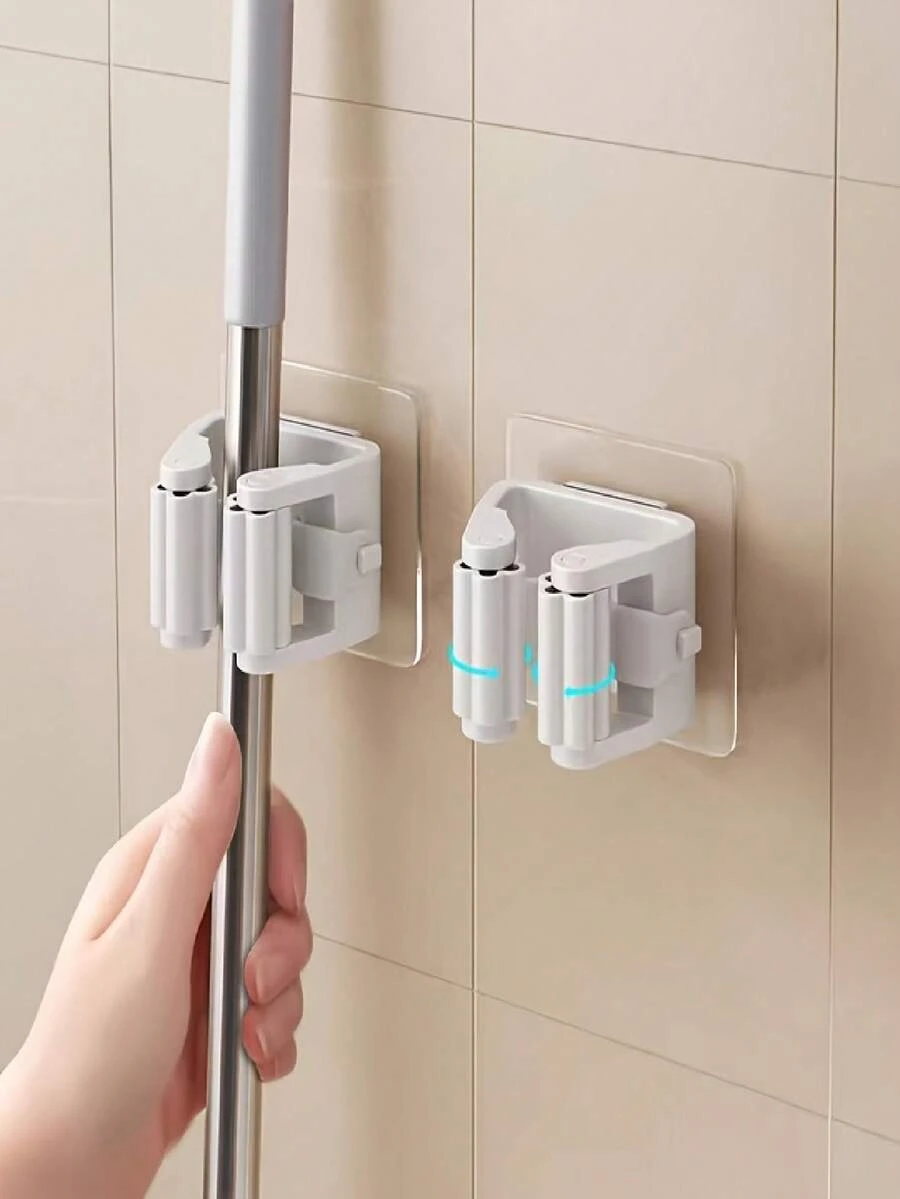 1pc No-Punch Wall-Mounted Mop Holder Hook, Strong Adsorption, Ideal For Kitchen, Bathroom, Balcony, Courtyard, Mop Storage, Tableware Storage