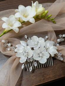 1pc Shiny Retro ABS Plastic White Flower Hair Comb, Bridal Headpiece With Pearl & Rhinestone, Suitable For All Seasons - Silver - View 8