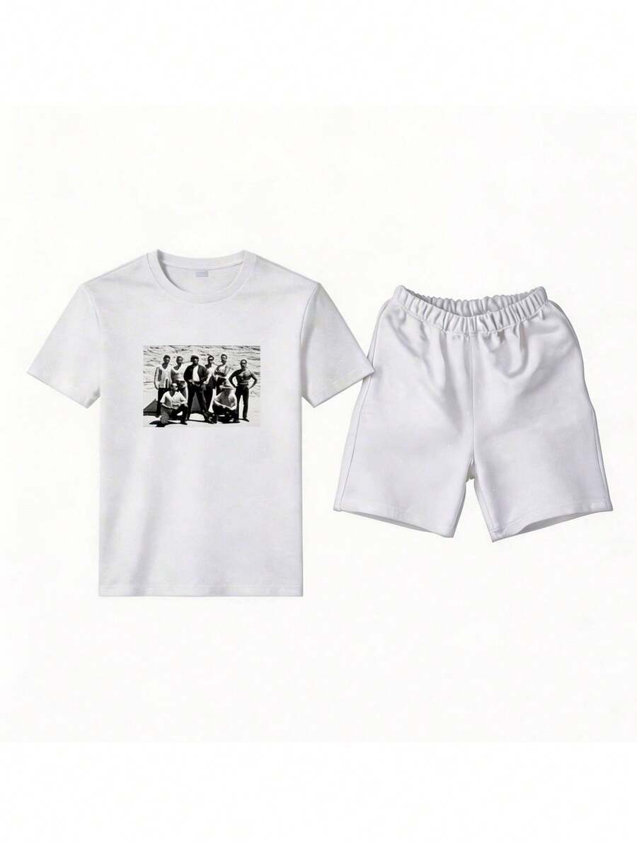 Conjunto para hombre estilo streetwear urbano con estampado gráfico divertido y letras algodón cómodo ajuste holgado cuello redondo manga corta primavera verano uso casual set de playera y shorts - Blanco 1 - Ver 1