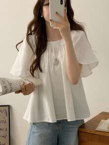 女式纯色休闲短袖束腰外衣 - 白色 - 查看 2