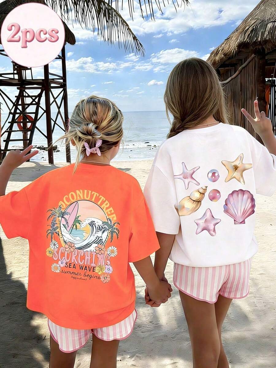 2pcs/Set Tween Girl Tropical Shell & Wave Print Short Sleeve T-Shirt, Young Student Summer, Suitable For Girls, Matching Set, Friendship - Multicolor - View 1