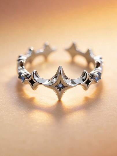1 chiếc nhẫn nữ thời trang cổ điển, đa năng, thanh lịch, đính đá Zirconia và kim cương xanh hình ngôi sao, thiết kế mở có thể điều chỉnh, phù hợp để đeo hàng ngày.
