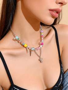 Collar de dopamina Y2K, collar de caramelos coloridos para mujeres, collar decorativo con cuentas de estrellas y lunas, joyería de flores de resina hecha a mano, adecuado para niñas jóvenes - vistoso - Ver 9