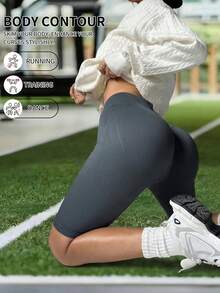 Seamless Knit V-Waist Knee-Length Athletic Leggings, High Waist Non-Curling, Soft And Skin-Friendly, Yoga, Fitness And Daily Casual Wear Sports - Grey - View 1