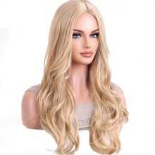 28 Inch Ash Blonde Long Body Wave Wig, Middle Part Synthetic Hair Wig, High Density Natural Looking Fake Hair For Cosplay Halloween Daily Use - Gold - View 2