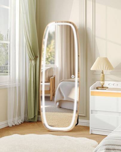 HEXCELEN Specchio da terra con luci, LED Specchio da Parete Lungo, 160 x 50 cm, Specchio Curvo da Terra con supporto, 3 colori di illuminazione, Adatto per Camera da Letto, Soggiorno, Oro