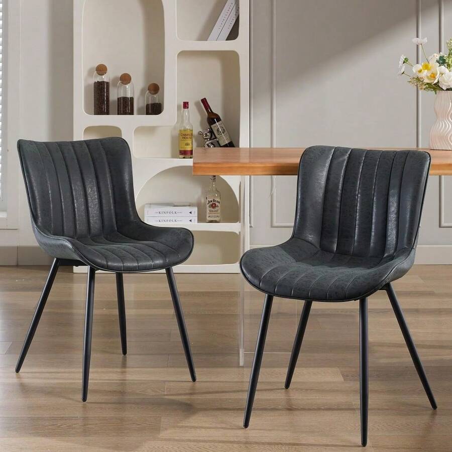 Juego de 2 sillas de comedor modernas de piel sintética, patas de metal negro resistentes, sin brazos, estilo de mediados de siglo, para el hogar o restaurante, fácil montaje y limpieza. - Negro - Ver 1