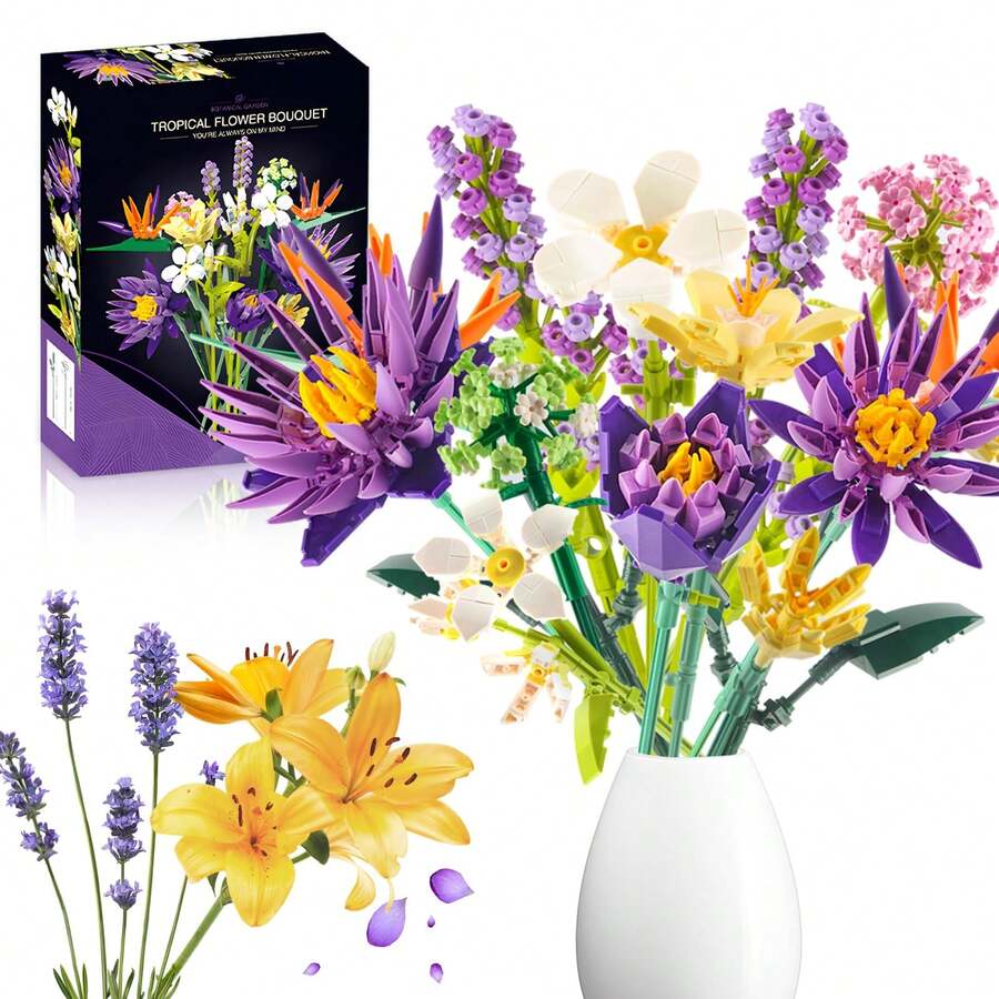 Blue Lotus Bouquet Building Block Set - 891 Pieces, Containing 13 Different Exquisite Flowers. This Adult-Sized Artificial Flower Set Is Suitable For Various Occasions, Including Home Décor, Desk Decoration, And Is Compatible With Other Building Blocks. It's A Perfect Birthday Gift, Mother's Day Gift, And A Great Way To Treat Yourself. An Ideal Choice For Building Block Enthusiasts. - Multicolor - View 1