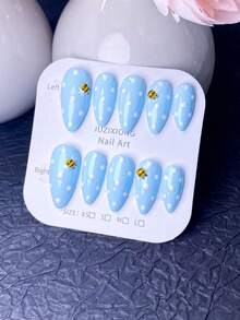 10片手工印花美甲贴纸，美甲配件，假指甲，美甲贴片，夏季美甲，短指甲，印花美甲，亚克力印花美甲套装，Y2K风格，白色美甲，蓝色美甲，波点美甲，手工蜜蜂装饰，可爱风格，适合春夏 - 淺藍色 - 查看 12