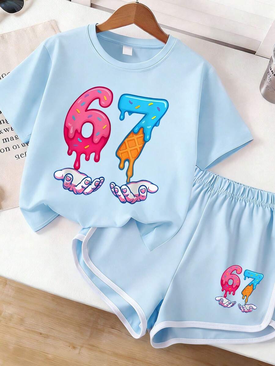 2pcs/Set Girls Creative 67 Print T-Shirt + Shorts, Spring/Summer New Outdoor Casual Wear, Comfortable Fit With Interesting Elements, Suitable For Cute & Sweet Daily Looks - Baby Blue - View 1