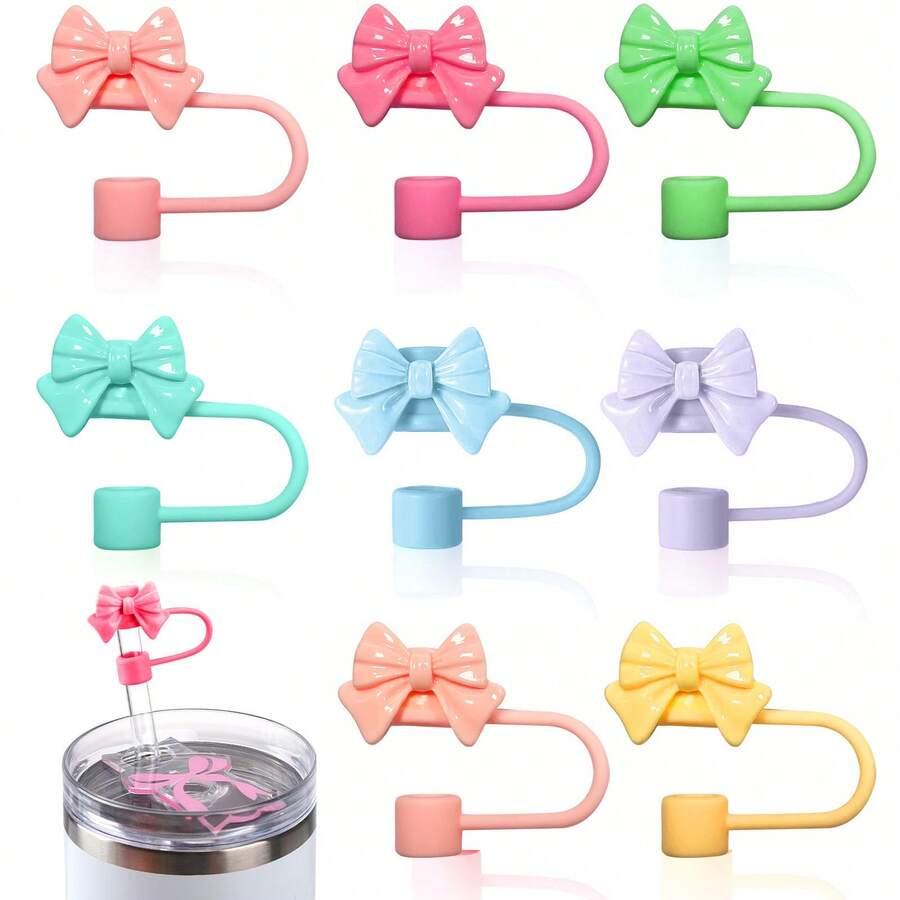 12pcs Reusable Straw Covers With Bow Tie Design, Cute Straw Toppers, Dust-Proof Straw Caps Compatible With 10mm Straws, Cup Accessories - Multicolor - View 1
