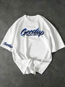 美式街头风 Geedup 字母印花T恤，白色宽松短袖，男士休闲T恤，春夏日常穿着，字母图案印花，白色上衣，男士衬衫 - 白色 - 查看 1