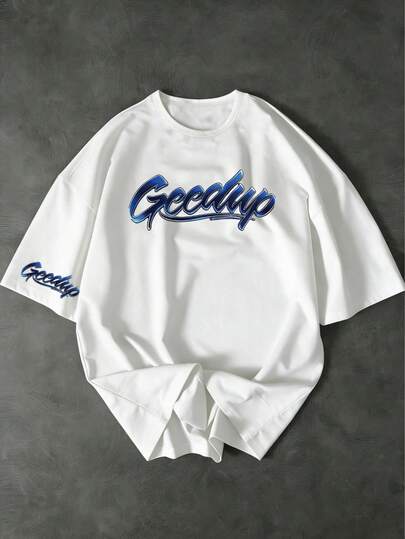 美式街头风 Geedup 字母印花T恤，白色宽松短袖，男士休闲T恤，春夏日常穿着，字母图案印花，白色上衣，男士衬衫