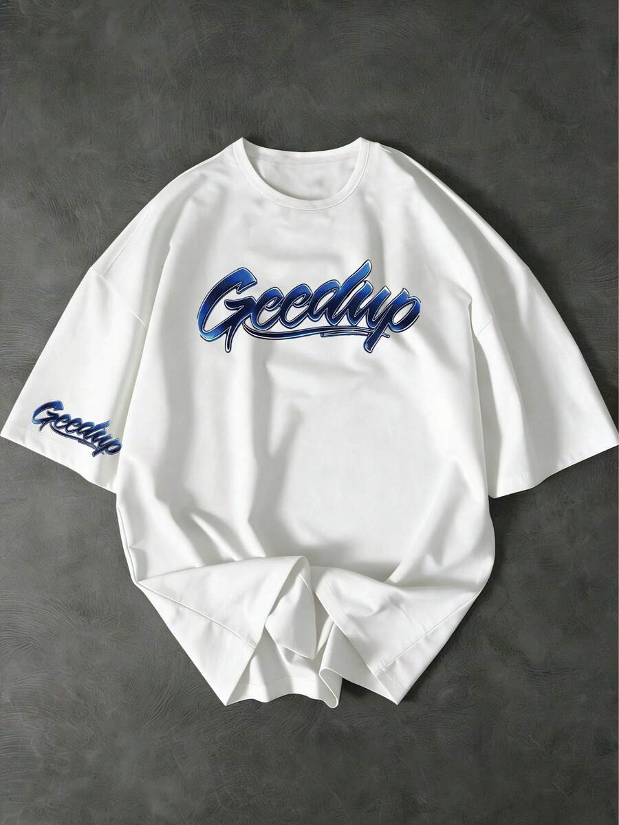 美式街头风 Geedup 字母印花T恤，白色宽松短袖，男士休闲T恤，春夏日常穿着，字母图案印花，白色上衣，男士衬衫 - 白色 - 查看 1