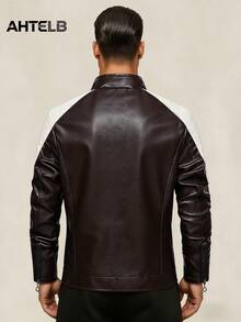 AHTELB Men's Outdoor Casual Regular Leather Jacket Riding Coat, Fashion Casual Colorblock Leather Jacket, Anti-Theft Zipper Design, Racing Style, Motorcycle Riding Suit, Perfect For Parties And Riding Activities, Men's Jacket, Gifts For Friends, Husbands, Boyfriends, PU Leather Sports Jacket - Chocolate Brown - View 2