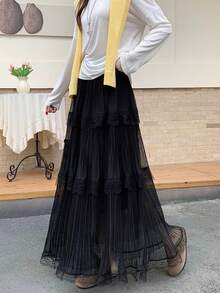 2026 Spring/Summer New High Waist Lace & Mesh Patchwork Pleated A-Line Skirt, Slimming Flowy Flared Skirt Black - Black - View 4
