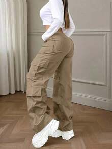 Solid-Color Multi-Pocket Buttoned Casual Y2K Leisure Elegant And Cute Work Pants.Suitable For Back-To-School, Clubs, Birthday Parties, Halloween, New Year, Thanksgiving, Concerts, Gyms, Beaches, Vacations, Business, Daily Airport Wear, Street Style, Teacher's Day, Spring, Summer, Autumn And Winter. - 深卡其色 - 查看 7