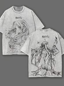 Fern Frieren Beyond Journey's End Anime Double Printed Vintage Washed Tee Unisex Oversize Heavyweight Cotton T-Shirt - Grey - View 1