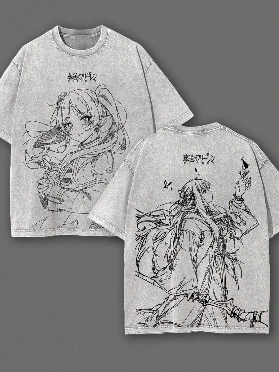 Fern Frieren Beyond Journey's End Anime Double Printed Vintage Washed Tee Unisex Oversize Heavyweight Cotton T-Shirt - Grey - View 1