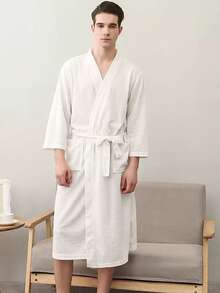 1 chiếc áo choàng tắm unisex mùa xuân/hè, kiểu dáng tối giản, dài, màu trơn, có thắt lưng - Áo ngủ polyester cổ chữ V, phù hợp cho mọi mùa, đồ dùng phòng tắm, váy xông hơi khách sạn, váy phù dâu mùa hè. - trắng - Xem 12