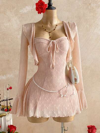 女士可爱优雅蕾丝装饰吊带背心和蕾丝领收腰A字迷你裙套装，春夏款