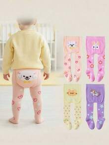 4pcs Kids/Girls Warm Leggings, Knitted Thermal Tights, Soft Stirrup Pantyhose With Cartoon Patterns, Autumn/Winter - Multicolor - View 2
