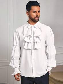 Mens Pirate Shirt Ruffle Victorian Renaissance Vampire Poet Puffy Shirts Gothic Steampunk Medieval Costume - 黑色 - 查看 2