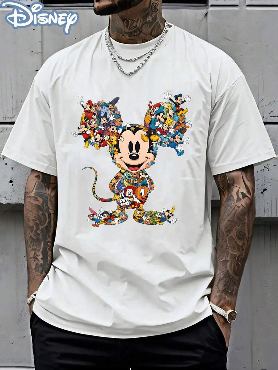 Disney Official Licensed Mickey Mouse All Character Collage Print T-Shirt, 220g Casual Loose Short Sleeve Crew Neck Soft Breathable Streetwear Top Gift For Men Women Teens - trắng - Xem 1