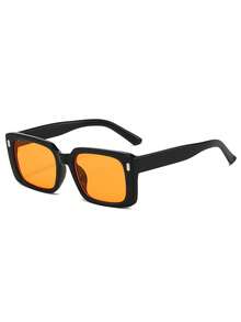 1 Pair Men's Square Frame Rivet Classic Fashion Fashion Glasses, Suitable For Beach, Party, Fishing, Cycling, Driving, Wedding And Other Occasions - Shiny Black Orange Slices - View 2