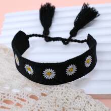 1pc Handmade Embroidered Chrysanthemum Tassel Bohemian Style Woven Bracelet, Vintage Charm, Suitable For Family, Friends, Students, Holiday Gifts, Parties, Traveling - Black - View 6