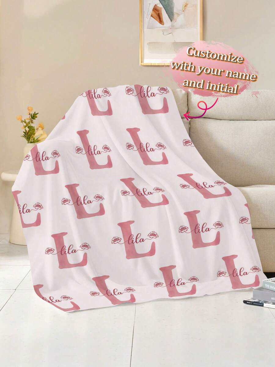 1pc Customized Initial Letter & Pink Rose Allover Print Soft Flannel Blanket, Personalized Name & Letter Design, Thoughtful Gift For Family And Friends - Multicolor - View 1