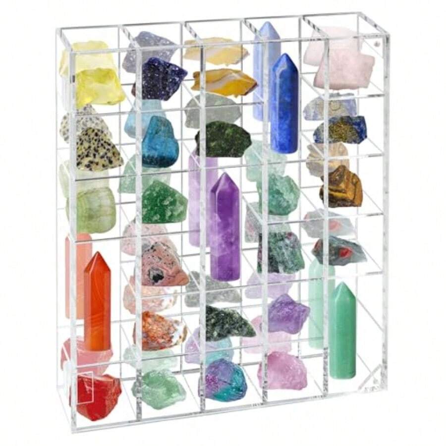 Vitrina de acrílico de roca caja de colección de acrílico transparente con parte trasera espejada caja de almacenamiento de piedras ajustables para vidrio mineral organizador con puerta magnética - Transparente - Ver 1
