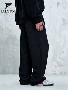 Men's Wide Leg Straight 3D Wavy Texture Minimalist Casual Pants - Black - View 3