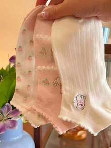 5 Pairs Random Cute Cat Design Socks For Women, Lace Trim, Girly, Japanese Style, Versatile, College Vibe, Pink Ankle Socks, Spring/Summer - Multicolor - View 3