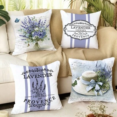 4件套夏季法式复古薰衣草插画印花枕套（不含枕芯），尺寸分别为17.7*17.7英寸（45*45厘米）/19.69*19.69英寸（50*50厘米）/15.75*15.75英寸（40*40厘米），单面印花，涤纶材质，“薰衣草香草普罗旺斯”标语，复古明信片和遮阳帽图案装饰枕套，适用于沙发、客厅、卧室、汽车、办公室、酒店、民宿等场所，是馈赠亲朋好友的完美礼物。