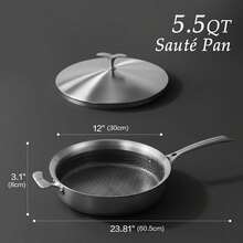 Chảo rán bằng thép không gỉ 12 inch có nắp, bộ chảo wok gốm chống dính 5 lớp 5.5 QT, thích hợp cho bếp từ và bếp lửa. - Xem 2