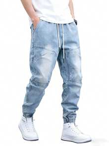 1PCS Teenage Jeans Stylish Cropped Design With Comfortable Tapered Legs, Perfect Fit For Teens In Modern Streetwear Style - Blue - View 7