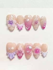 10片可爱日常INS风坏女孩优雅Y2K手绘紫白贝壳图案腮红渐变3D花卉水滴珍珠银色海星贝壳杏仁美甲贴纸 - 彩色 - 查看 2