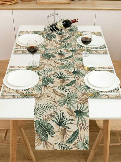 1 pièce Chemin de table imprimé feuille de palmier tropicale, 4 pièces Sets de table imprimés feuille de palmier, convient pour les vacances, les fêtes, les anniversaires, les dîners, la décoration de cuisine et de salle à manger, décoration textile de maison pour toutes les saisons