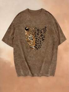Nueva blusa de verano con estampado de cara de leopardo vintage, cuello redondo, teñido anudado y manga corta.Elegante y versátil para mujer. - Verde Oscuro - Ver 10