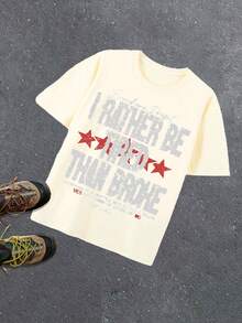 I RATHER BE TIRED THAN BROKE Letter Print Spring And Summer Avant-Garde Casual Loose Breathable T-Shirt, Crew Neck Pullover, 230g Pure Cotton, Slightly Stretchy Soft Fabric, Fashionable Design, Suitable For Young Men's Daily Outings, Showing Personality Style. - 米色 - 查看 1
