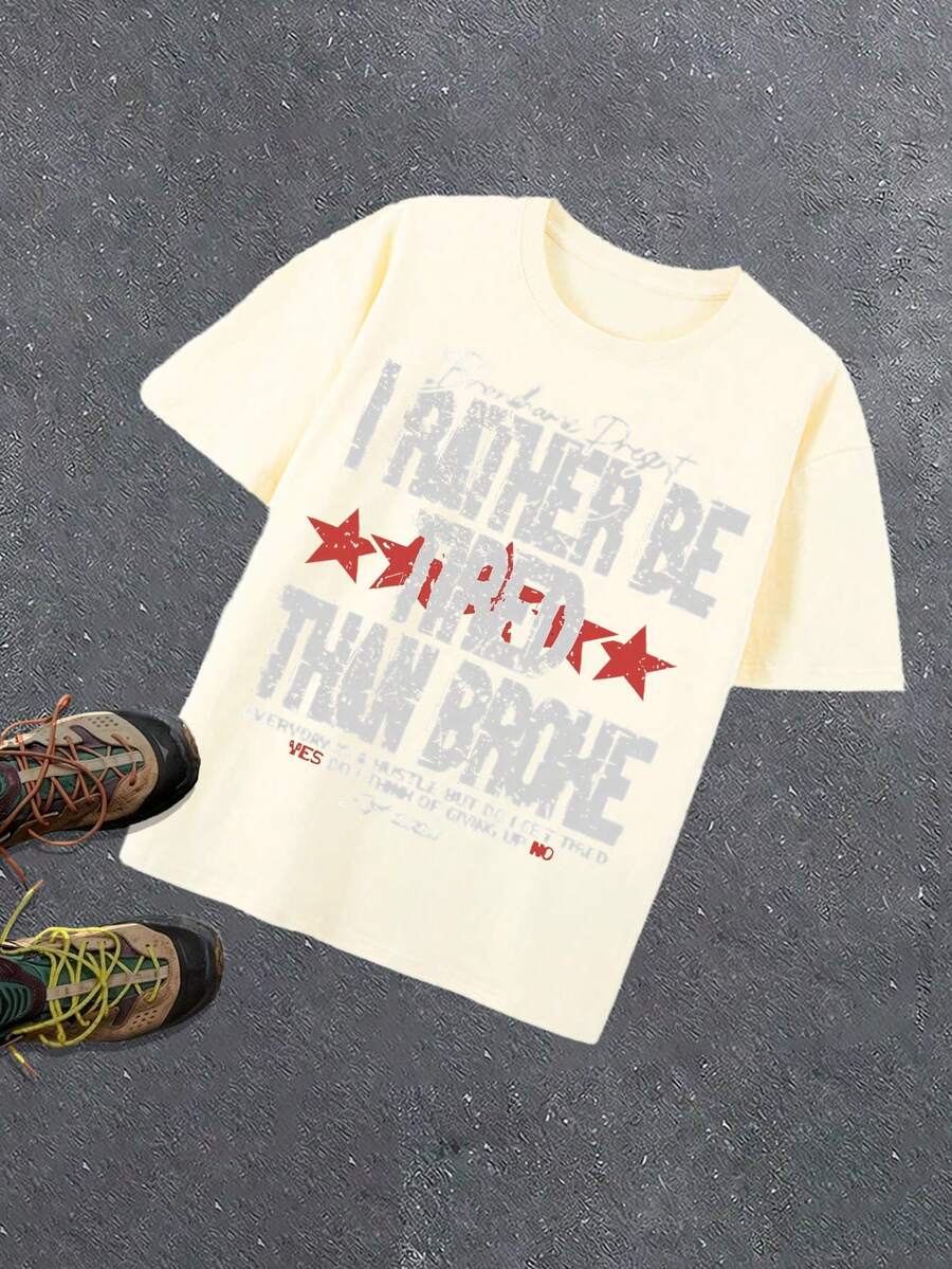 I RATHER BE TIRED THAN BROKE Letter Print Spring And Summer Avant-Garde Casual Loose Breathable T-Shirt, Crew Neck Pullover, 230g Pure Cotton, Slightly Stretchy Soft Fabric, Fashionable Design, Suitable For Young Men's Daily Outings, Showing Personality Style. - 米色 - 查看 1