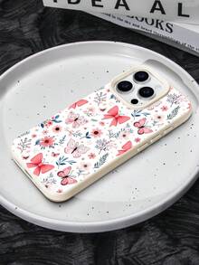 1pc White Faux Leather Texture Fashionable Fresh Pink Butterfly & Flower Pattern Phone Case Compatible With IPhone 17 Pro Max/16/15/14 Plus/13/12/11, Suitable For Personal Use And Gift - White - View 7