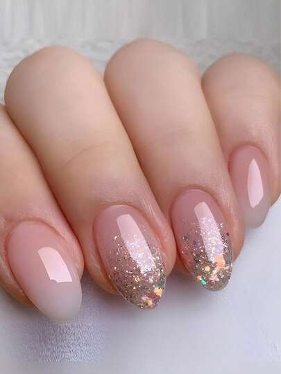 24pcs Press On Nails Medium Oval French Nails Y2k Pink Gradient With Gold Glitter Nails Reusable Press On Acrylic Nails Fake Nails Supplies Free Of 24 Pieces Of Jelly Tabs And A Mini File