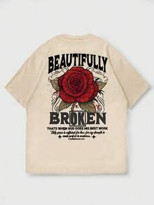 FRACTYR 男士夏季休闲街头时尚宽松方格图案红色玫瑰双面印花圆领短袖T恤 - 杏色 - 查看 4