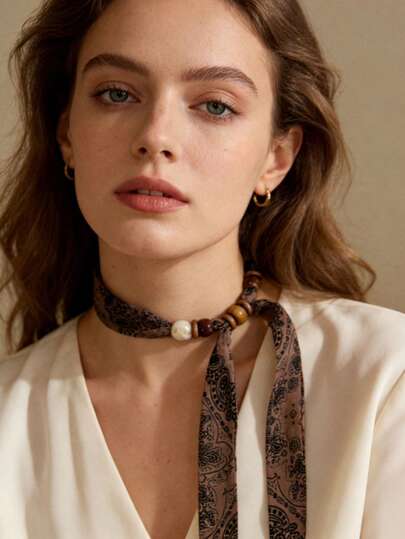 1pc Beaded Scarf Necklace Women's Niche Adjustable Fabric Clavicle Chain Choker Scarf Clothing Accessory Gift