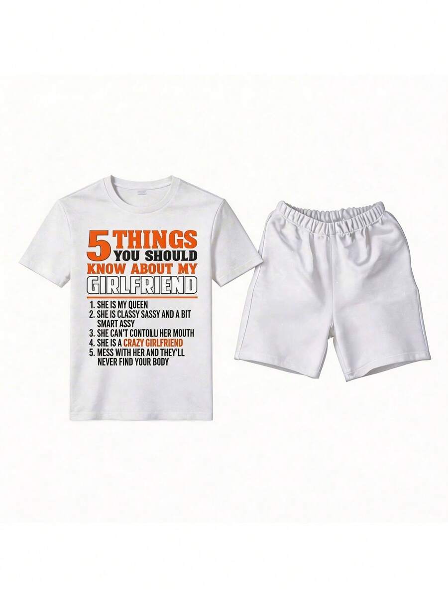 Conjunto para hombre estilo streetwear casual con estampado gráfico de texto divertido algodón cómodo ajuste holgado cuello redondo manga corta primavera verano uso diario set de playera y shorts - Blanco 1 - Ver 1