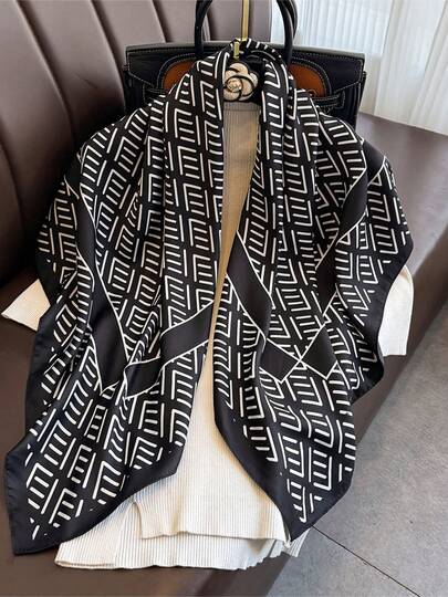 1条复古米色几何条纹缎面围巾，多功能女士仿丝围巾披肩，适合旅行、度假、休闲、通勤、领口装饰、时尚手提包装饰