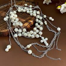 1pc White Multi-Layer Pearl Cross Tassel Necklace, Quality Zinc Alloy Suitable For Women's Daily Wear And Parties - Multicolor - View 2